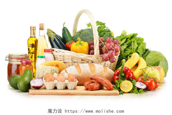 什锦的杂货产品包括蔬菜水果酒面包乳制品和肉类在白色隔离